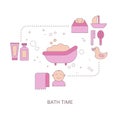 Baby bath time concept with baby care icons Royalty Free Stock Photo