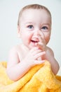 Baby After Bath Wrapped in Yellow Towel Smilin Royalty Free Stock Photo