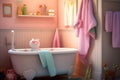 baby bathtub with a cute bathrobe hanging nearby