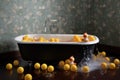baby bathtub with rubber duckies floating on water Royalty Free Stock Photo