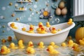 baby bathtub with rubber duckies floating on water Royalty Free Stock Photo