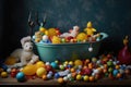 baby bathtub surrounded by rubber ducks and toys