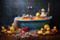 baby bathtub surrounded by rubber ducks and toys