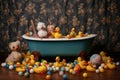 baby bathtub surrounded by rubber ducks and toys