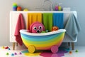 baby bathtub, surrounded by towels and other essentials, in bright and colorful bathroom