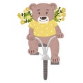 Baby bear with flowers on a bicycle. Vector illustration on white