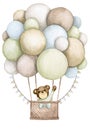 Baby bear in a hot air balloon. Boy. Children\'s watercolor illustration. Birthday, baby shower, children\'s party Royalty Free Stock Photo