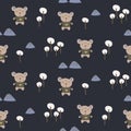 Baby bear in the night woods seamless cartoon vector pattern.