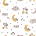 Baby bear pattern. Sweet dream. Sleeping koala bear on the moon, rainbows, clouds, stars. Scandinavian kids texture Royalty Free Stock Photo