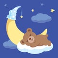 Baby Bear Sleeping On The Cloud Beside With Moon Royalty Free Stock Photo