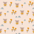 Baby bear in the woods seamless cartoon vector pattern.