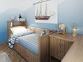 Baby bed for a young teenager in a ship style with a lifeline an