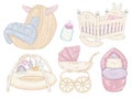 Baby beds and sleep, super set. baby carriage, kids bed, sleeping cocoon, envelope, pram, basket, cot Royalty Free Stock Photo