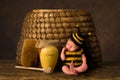 Baby in bee outfit and real beehive