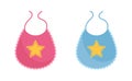 Baby bib vector illustration set - pink and blue newborn wearing decorated with yellow star.