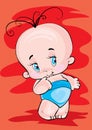 Baby with big eyes stands in a blue diaper on a red background vector illustration Royalty Free Stock Photo