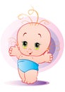 Baby with big eyes stands in a blue diaper and spreads his arms wide delighted, vector illustration Royalty Free Stock Photo