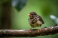 baby bird sitting on branch, ready to take flight