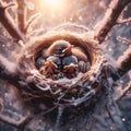 Baby birds with their mother in a bird\'s nest in winter morning, The nest is covered with snow, generative ai Royalty Free Stock Photo