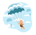 Baby birth concept, little boys and girls descend from sky by parachute. Kids flying in sky. Newborn party invitation