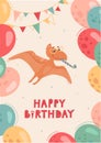 Baby birthday card. A cute pteranodon flies with a pipe and in sunglasses-hearts. Dino celebration, fun, balloons and