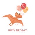 Baby birthday card. A cute pteranodon is flying with balloons and wearing heart-shaped sunglasses. Funny vector postcard Royalty Free Stock Photo