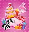 Baby birthday card with flamingo and zebra, big cake Royalty Free Stock Photo