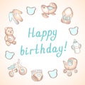 Baby birthday card, shower card, poster, template. Cute vector illustrations. Set of baby toys, feeding and care. Royalty Free Stock Photo