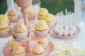 Baby birthday. French macaroons on a cake stand .Candy bar with macaron, cakes, cheesecakes, cake pops.