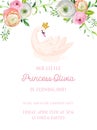 Baby Birthday Invitation Card with Illustration of Beautiful Swan and Flowers, arrival announcement, greetings