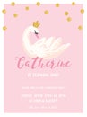 Baby Birthday Invitation Card with Illustration of Beautiful Swan and Golden Glitter Dots, arrival announcement, greetings