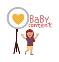 Baby blog. Standing little girl waves hands, blogger enjoy likes. Child white isolated banner with text. Social media