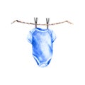 Baby blue girl bodysuit with clothesline and clothes pegs. Watercolor hand draw illustration