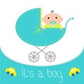 Baby blue carriage. It's a boy. Flat design style. Royalty Free Stock Photo