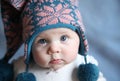 Baby with blue eyes in a winter cap Royalty Free Stock Photo