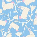 Baby Blue with whimsical Easter bunnies seamless pattern background design.
