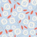 Baby Blue with whimsical white flower elements seamless pattern background design.