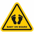 Baby on board, black silhouette of baby paws, foot, feet, triangle yellow vector sign, eps. Royalty Free Stock Photo