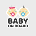 Baby on board caution car sticker or child in vehicle safety sign vector flat cartoon illustration, baby girl and boy Royalty Free Stock Photo