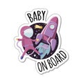 Baby on board sign with child astronaut near the rocket in space. Car sticker with warning. Royalty Free Stock Photo