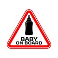 Baby on board sign with child bottle silhouette in red triangle on a white background. Car sticker with warning. Royalty Free Stock Photo