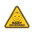 Baby on board sign with child boy smiling face silhouette in yellow triangle on a white background. Royalty Free Stock Photo