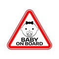 Baby on board sign with child girl smiling face with nipple silhouette in red triangle on a white background.