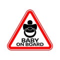 Baby on board sign with child nipple silhouette in red triangle on a white background. Car sticker with warning.