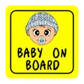 Baby on board yellow square road sign safety. Hand drawn , cartoon, vector, isolated