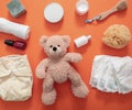 Baby bathing and diaper changing products background, top view Royalty Free Stock Photo