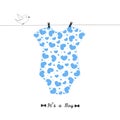 Baby Body Suit Made Of Blue Heart. It`s A Boy. Welcome, Baby Arrival Greeting Card