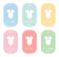 Baby Body Suits Clothes on Hangers. Pastel Baby Announcements and Shower Cards