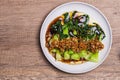 Baby Bok choy or chinese cabbage in oyster sauce with and fried garlic Royalty Free Stock Photo