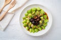 Baby Bok choy or chinese cabbage in oyster sauce with Shitake Mushrooms and fried garlic.Top view Royalty Free Stock Photo